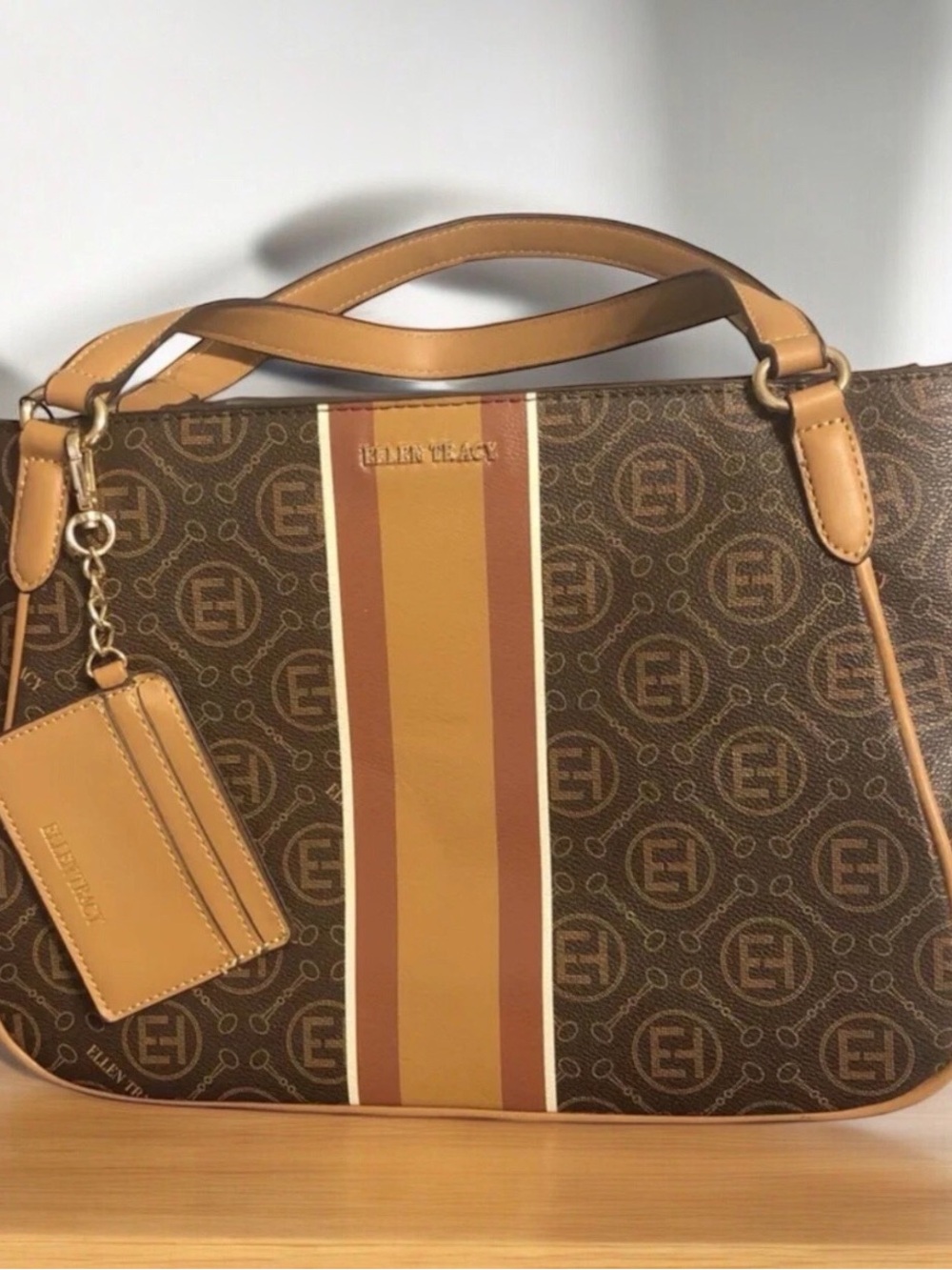 Ellen Tracy Brown & Tan Monogram Shoulder Tote